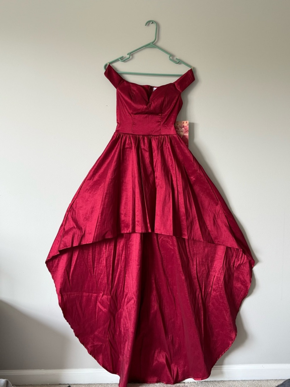 Emerald Sundae Wine Red High-Low Off-Shoulder Prom Dress